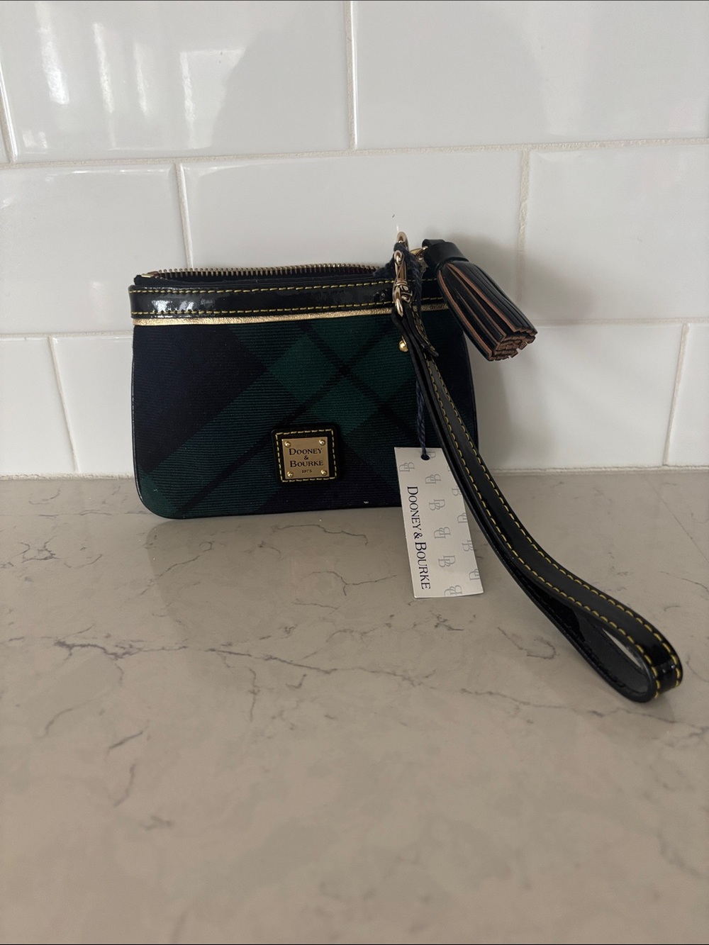 Dooney & Bourke Dark Green Plaid Wristlet with Black Trim